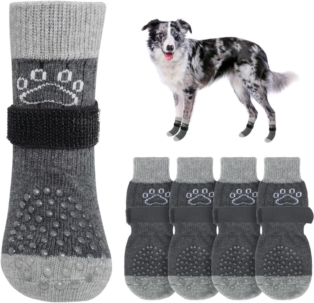 SCENEREAL Dog Socks to Prevent Licking Paws for Hot/Cold Pavement Anti Slip, Dog Shoes for Hardwood Floors, Dog Boots & Paw Protectors with Grippers for Small Medium Large Senior Dogs, Grey M (Grey Pearl Paw(Pack of 4))