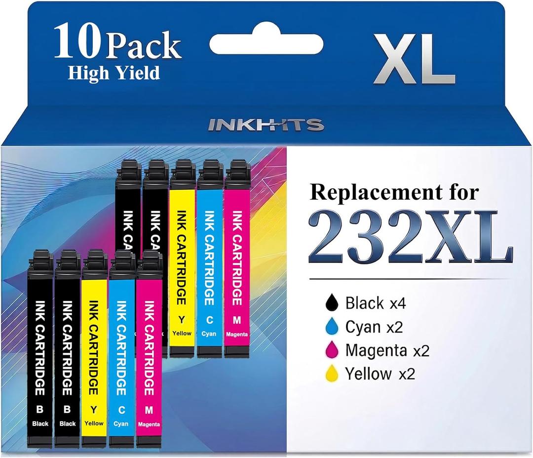 for 232XL Ink Cartridges Latest Upgrade (10-Pack) Remanufactured for Epson 232XL Ink Cartridges Combo Pack Work with Epson XP-4200 XP-4205 WF-2930 WF-2950, 4 Black 2 Cyan 2 Magenta 2 Yellow