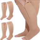 Hillban 2 Pair Plus Size Calf Zipper Compression Socks 15 to 20 Mmhg Open Toe Compression Stockings for Overweight Women(4 XL,Nude)