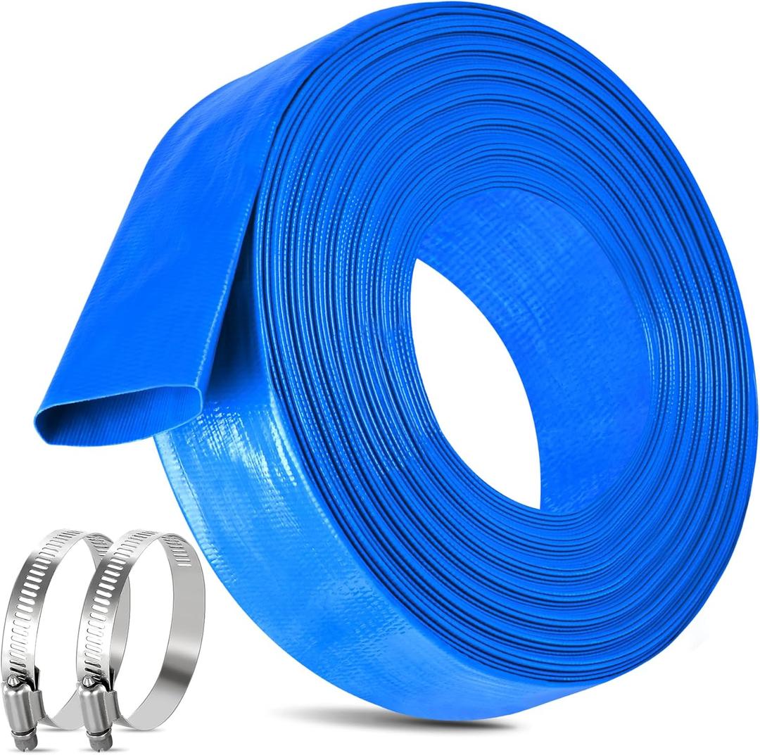 2.5 IN x 60FT Pool Backwash Hose Heavy Duty Drain Discharge Double PVC Layflat Hose with 2 Clamps, Weatherproof Burst Resistant for Water Transfer, Sump Pump, Pool Filter, Pool Drain (18.3M, Blue)