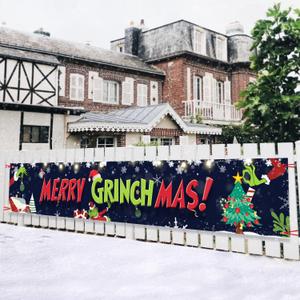 Large Merry Christmas Banner, Xmas Hanging Decorations Grinch Whoville Christmas tree Porch Sign Banner for Party Yard Outdoor & Indoor decor, 9.8 x 1.6 Feet