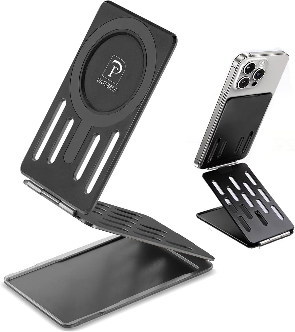 Magnetic Foldable Phone Stand with Credit Card Slot  Premium Aluminum, Adjustable Viewing Angles, Portable Phone Holder for iPhone, Samsung, All Smartphones (Silver)