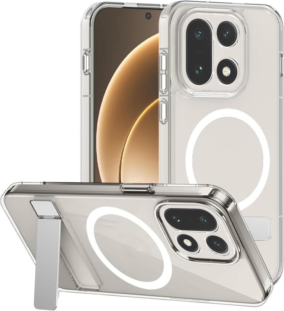 for Oneplus 15 Clear Case Magnetic Compatible with MagSafe, Built-in 2-Way Kickstand [Horizontal & Vertical Stand] Crystal Clear Slim Fit Rugged Phone Cover Shockproof (Clear)