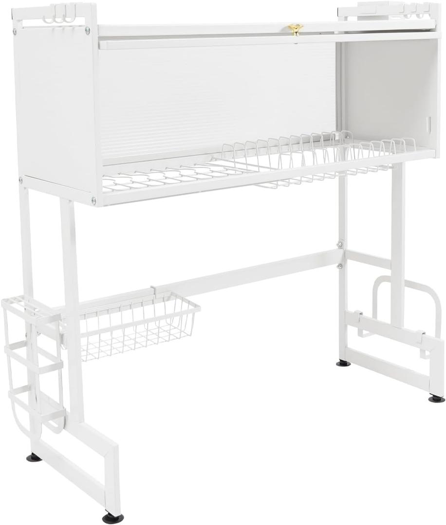 Dish Drying Rack, Multifunctional Over Sink Dish Drying Rack w/Basket & Hooks, Large Capacity Kitchen Dish Drying Rack for Sink Less Than 28.35" (White)