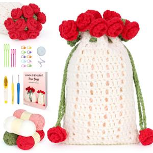 Katech Crochet Kit for Beginners - Crochet Flowers Bouquet Bag Bag Kit Includes Yarn, Hooks, Step-by-Step Guide, Needles & Accessories - Adults Crochet Starter Gift (white-red rose)