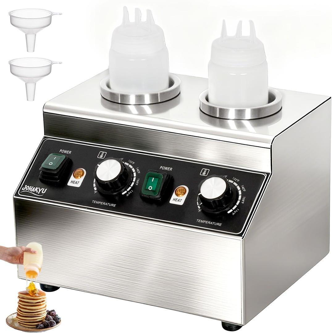 JOHAKYU Commercial Electric Sauce Warmer Dispenser Stainless Steel Countertop Hot Fudge/Nacho Cheese Warmer with 2650ml Squeeze Bottles and 2 Funnels, (2 Grids)