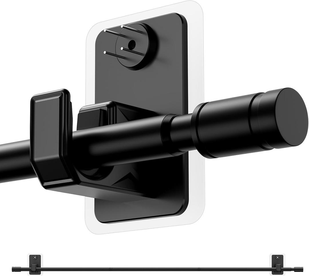 2.0 Upgraded No-Drill Curtain Rod for Windows 28-48 inches Renter-Friendly Adhesive & Pin-Nail Mount, 5/8" Black Adjustable Rod, Minimal Wall Damage