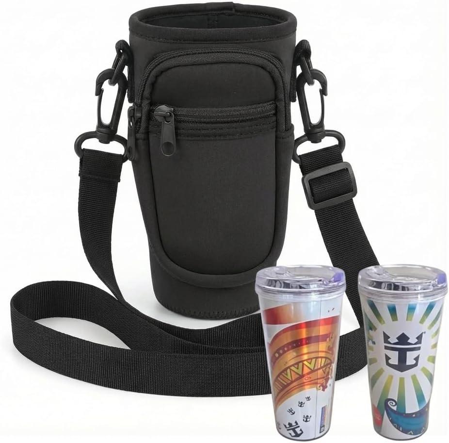 Cruise Cup Holder Sling with Pocket for RC Refillable Soda Cup Neoprene Carrier with Adjustable Strap, Phone & Card Holder Hands-Free for Royal Caribbean Cruises (Black)