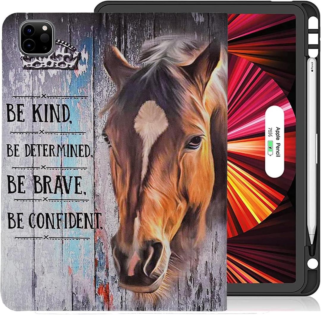 Rotating Case for iPad Pro 11 Inch 4th/3rd/2nd/1st Generation 2022/2021/2020/2018, PU Leather Folding Stand TPU Back Cover with Auto Wake/Sleep, Inspirational Quotes Horse