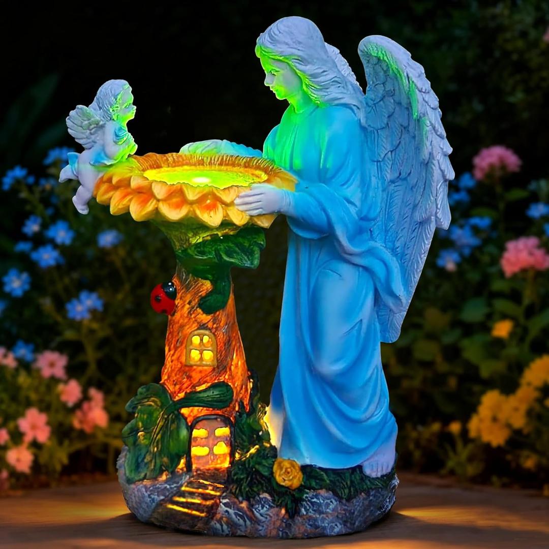 Voveexy Solar Garden Statue, Angel Outdoor Decor with Color Changing Light Garden Figurine Sunflower Outdoor Statue Waterproof Sculpture Lawn Ornament for Patio Backyard Christmas Birthday Present