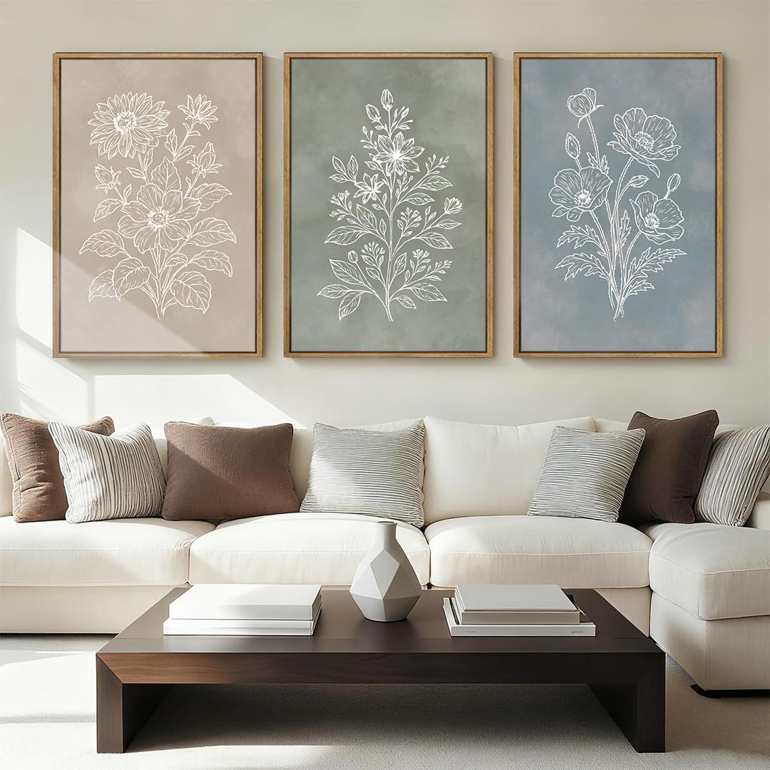 Anyzal Extra Large Boho Botanical Framed Wall Art 24x36 Inch Farmhouse Floral Painting Modern Minimalist Artwork for Living Room Bedroom Dining Room Set of 3