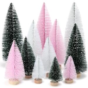Meooeck 12 Pcs Mini Christmas Trees Bottle Brush Christmas Trees 4 Sizes 4/6/8/10 Inch Artificial Xmas Tree with Wood Base Winter Fake Pine Tree Decor for Home(Green, Pink, White)
