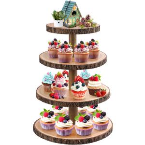 Cupcake Stand Wood Dessert Stands 4 Tier Cupcake Tower Large Cupcake Display Stand Rustic Cupcake Tier Stand for Woodland Baby Shower Decorations/Wedding/Birthday/Party/Farmhouse Decor