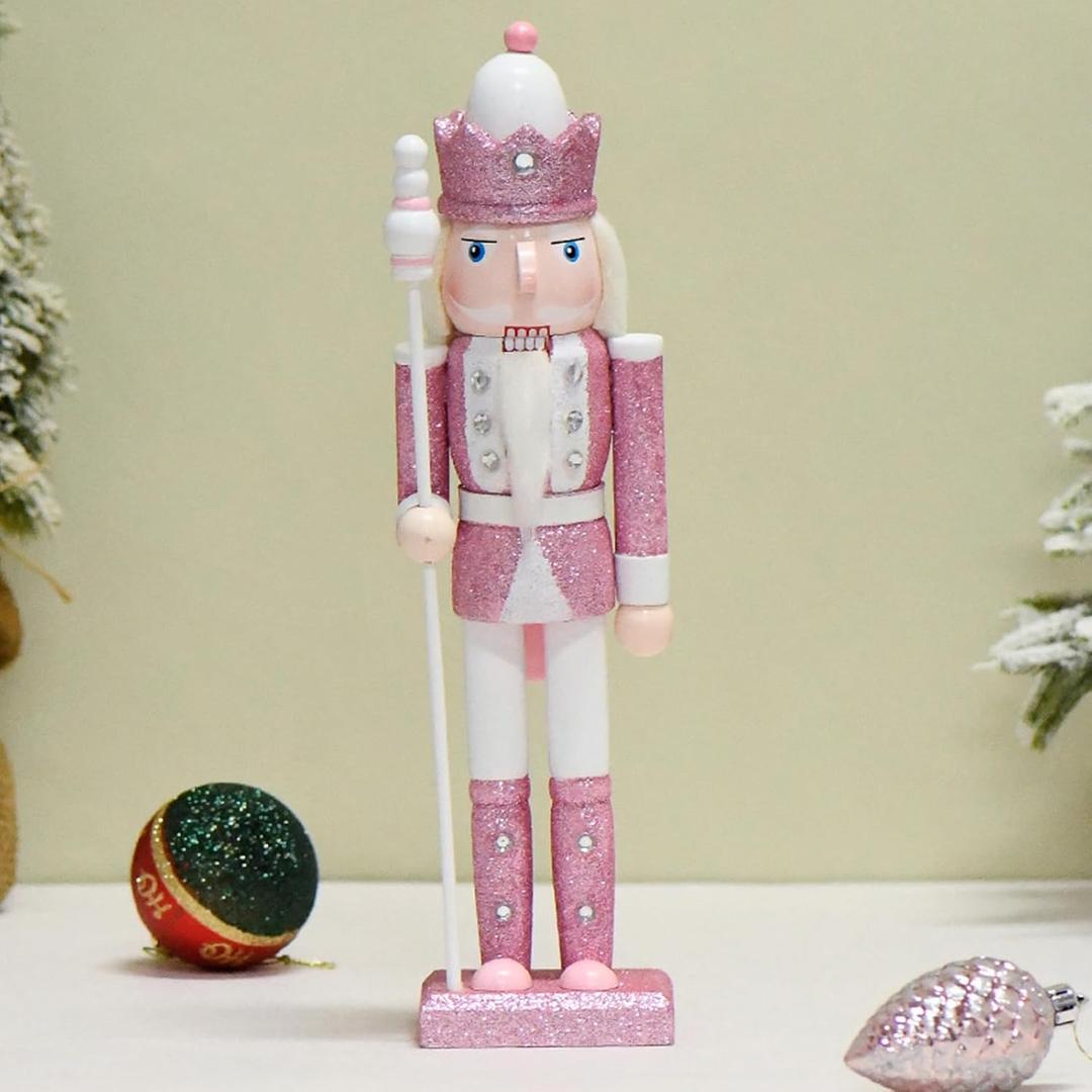 Nutcracker Figures, 12 Inches Traditional Wooden Nutcracker Soldier Christmas Decorations Clearance for Xmas Indoor Tabletop Desktop Fireplace Home Farmhouse Ornaments (Pink)
