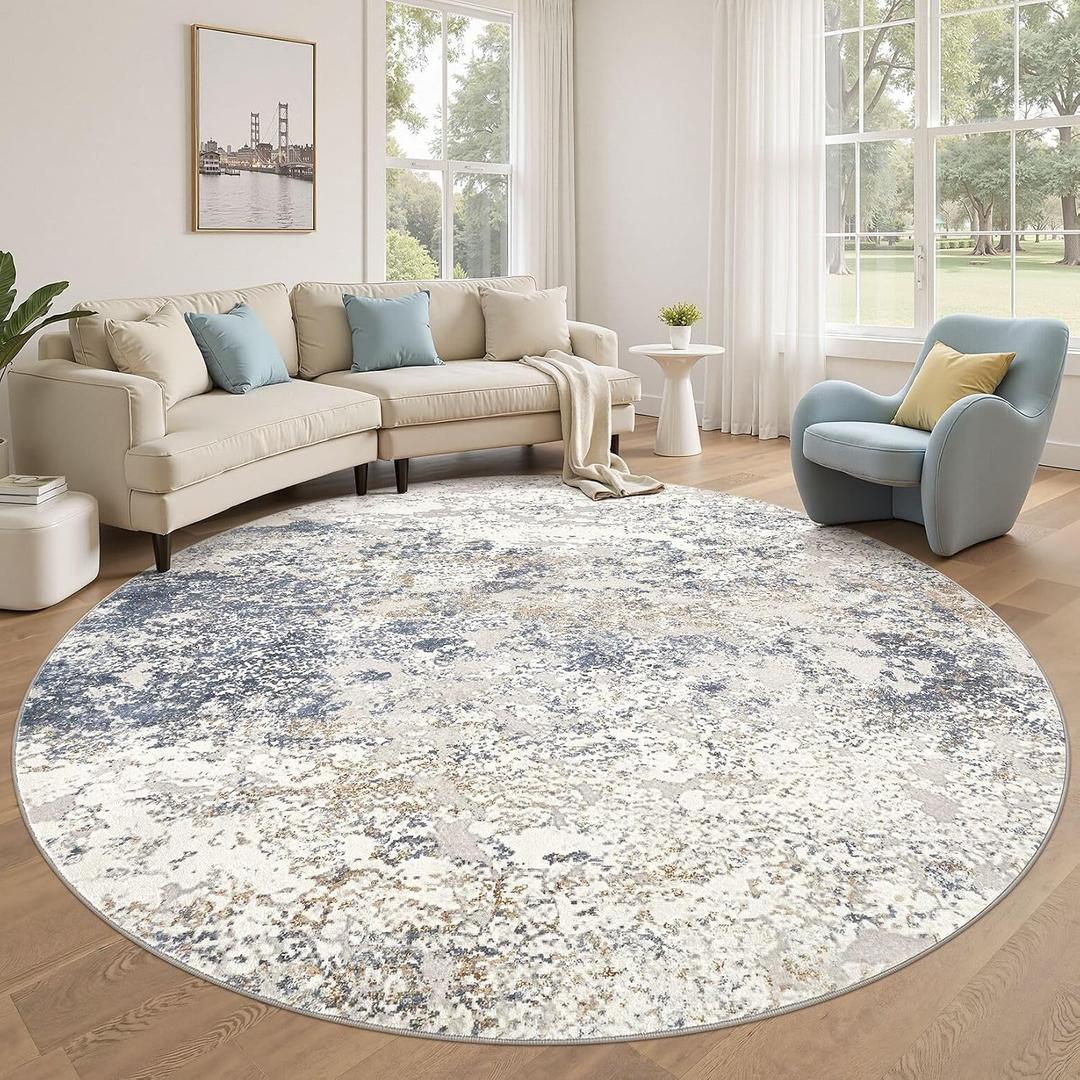 8ft Round Area Rug Living Room Rugs - 8x8 Washable Large Soft Indoor Neutral Modern Abstract Low Pile Rug Carpet for Bedroom Dining Room Farmhouse Home Office - Beige Blue