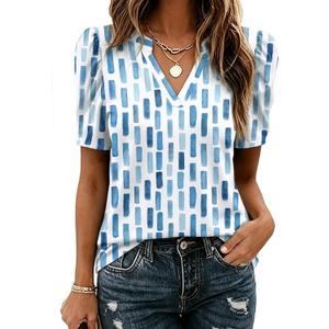 Zeagoo Women Blouses Puff Short Sleeve Tops V Neck Dressy Casual Spring Shirts Boho Floral Cute Clothes 2026 (Blue, S)