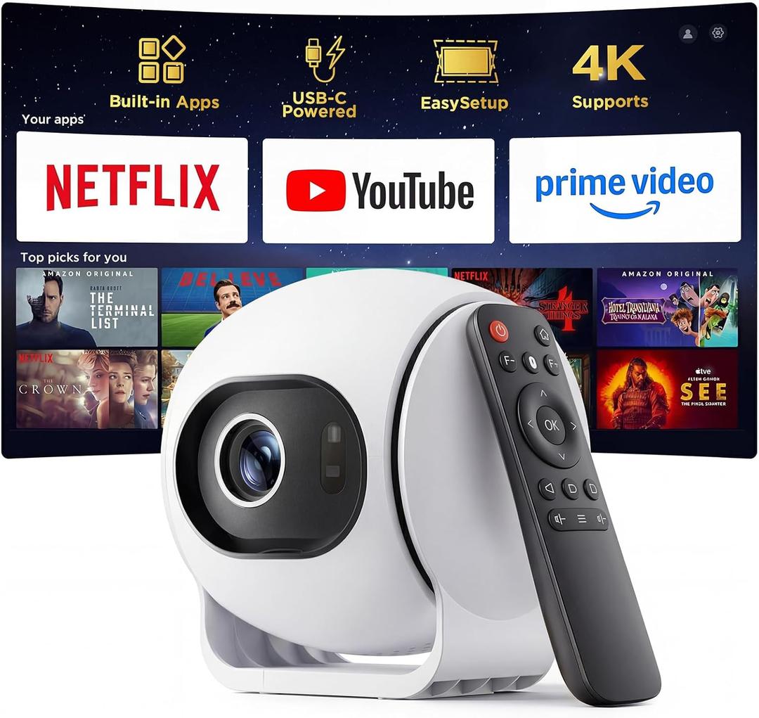 [ Ultra Short Throw & Built-in Apps ] Android 14 Smart Projector with WiFi and Bluetooth, 1080P FHD HDR10, Auto Focus/Keystone, Mini Portable Projector Support Power Bank for Bedroom/Outdoor, White