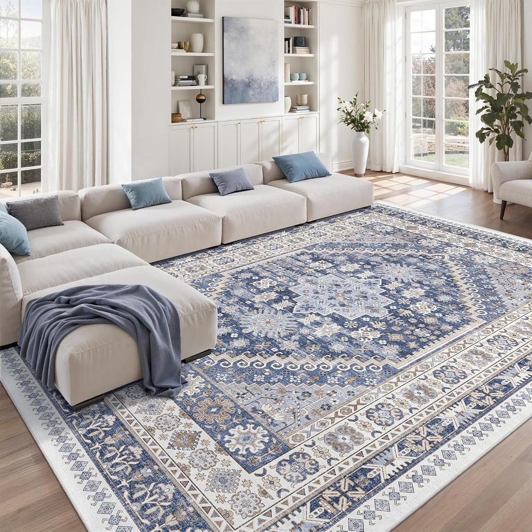 zesthome 9x12 Area Rugs,Stain Resistant Washable Rug,Ultra-Thin Rugs for Living Room,Bedroom,Non-Slip Backing Home Decor Large Area Rug (Blue/Beige,9'x12')
