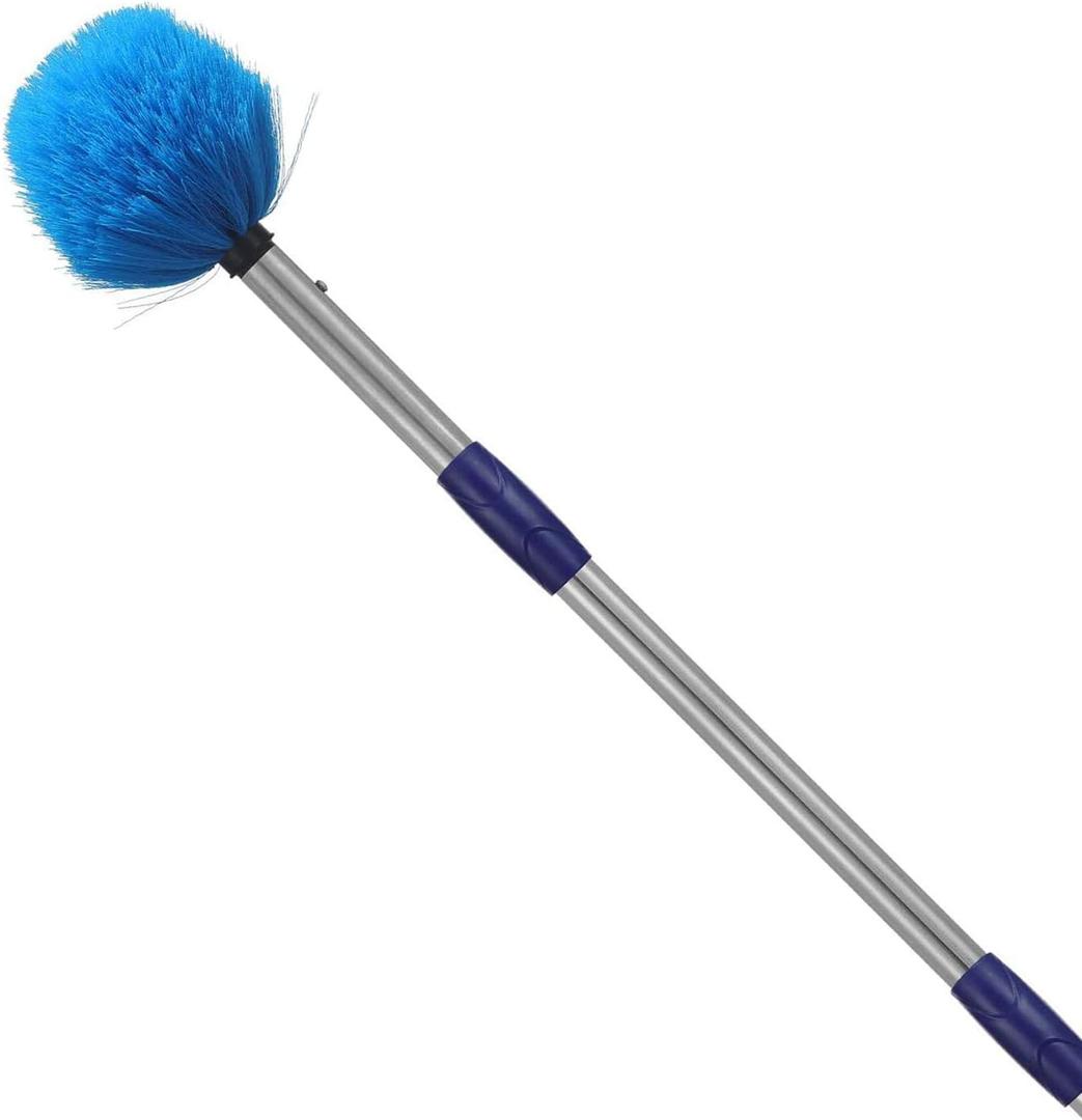 Cobweb Duster with Pole, 4ft Stainless Steel Pole Cobweb Brush with Medium-Stiff Bristles for Walls Beams Shelves Iight Fixtures and Window Screens (4 Foot (Pack of 1))