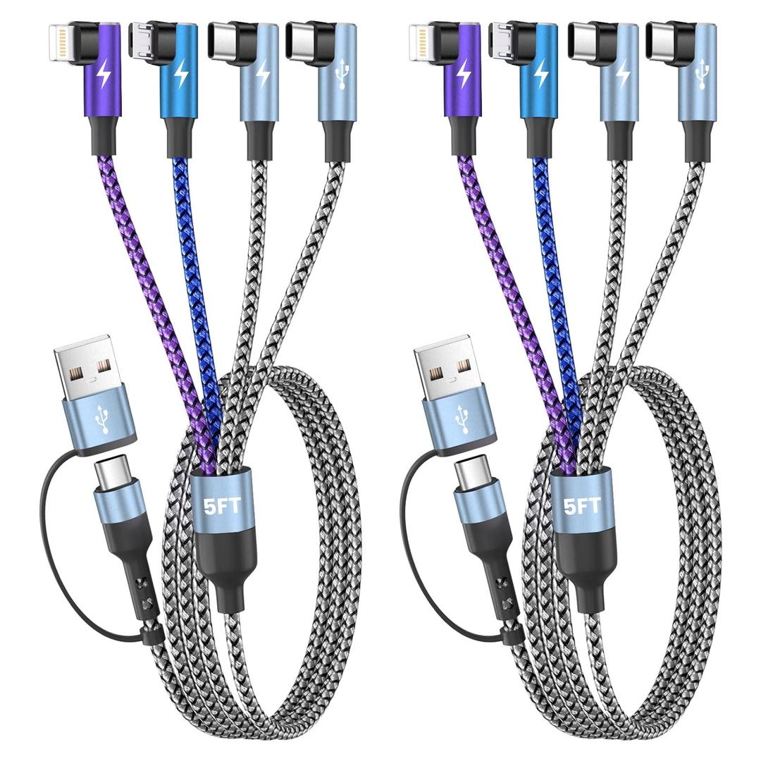 Travel Essentials 90 Degree Multi Charging Cable, 5FT 2Pack Nylon USB A/C Cord Right Angle 4 in 2 Charging Cable, USB Cable Charger Cord with Dual Type -C/Micro/L Port for iPhone 17 16 Galaxy S25 iPad