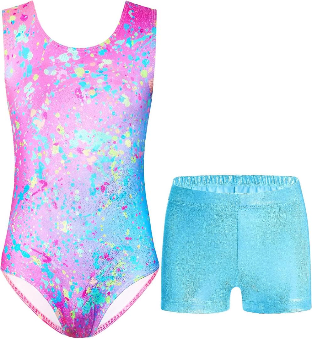 Nymphperi Girls Gymnastics Leotards 2 Piece Shiny Sleeveless Bodysuits with Sparkly Breathable Shorts Suit