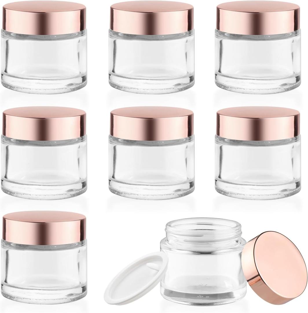 8 Pcs 60g/2oz Cream Jars Glass Cosmetic Containers Empty Glass Sample Jars with Leakproof Lids for Makeup Lotion Eye Creams Scrub Home Travel - Clear
