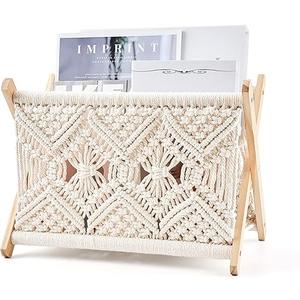Mkono Macrame Magazine Rack Boho Storage Holder Standing Basket for Books, Newspapers, Swaddle Blanket, Dorm Essentials, Living Room, Bathroom, Office, Nursery, Home Decor, Medium Size, 14”L x 10”W
