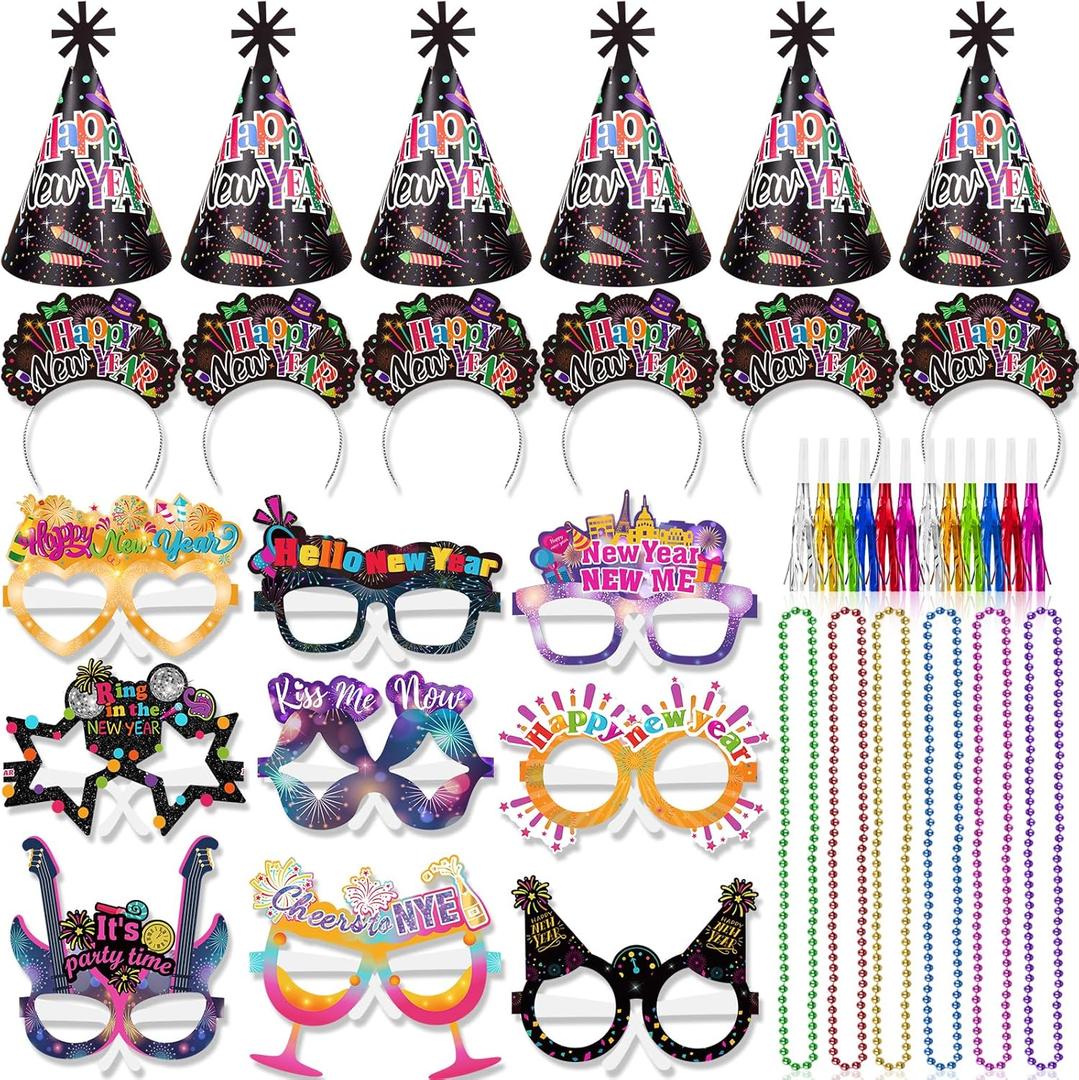 HOWAF 2026 New Year Eve Party Supplies, Happy New Year Tiaras Headband, 2026 New Year Glasses Top Hats Fringed Noisemaker and Necklace, Black and Colorful New Year's Eve Party Favors