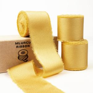 Gold Silk Satin Ribbon 1.5 Inch x 21 Yards Handmade Fringe Chiffon Frayed Fabric, Gold Ribbon for Gift Wrapping, Flower Bouquet, Wedding Invitation, Baby Shower, Bridal Shower, Christmas Decor