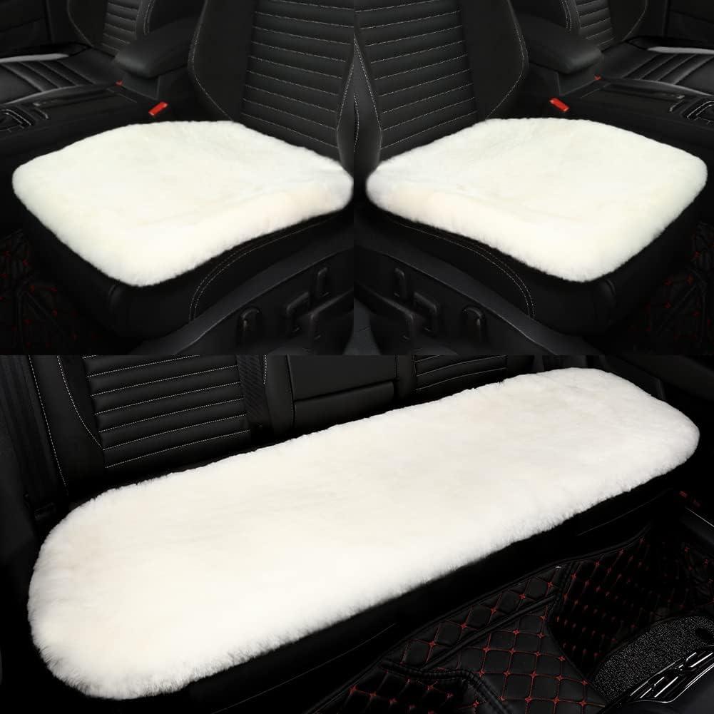 IRIWOOL Genuine Sheepskin Auto Seat Pad, Soft Wool Seat Cover Breathable and Sweat-Wicking Universal Fit,19.2 inch x19.2 inch (Front seat Cushion 2pcs & Rear seat Cushion 1pc, Ivory White), 3 Piece Set