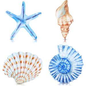 Yookeer 4 Pcs Beach Wall Decor, Wooden Seashell Starfish Wall Decoration, Ocean Coastal Nautical Decorative Art, Rustic Seaside Theme Art for Bathroom Living Room Bedroom Summer Home Decor Gift(Large)