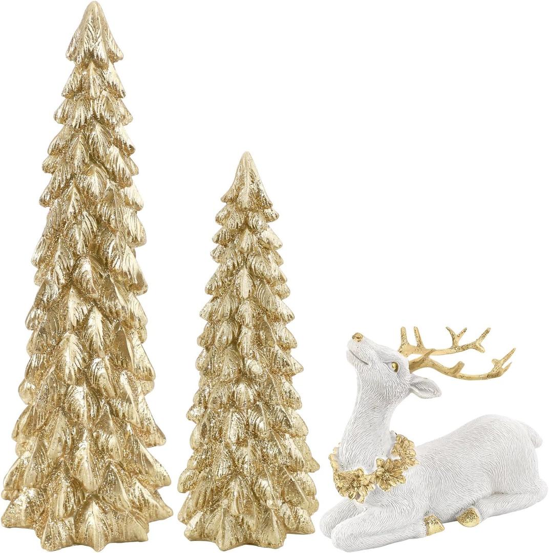 3 Pack Christmas Trees and Reindeer Figurines Decoration- 2 Glittered Christmas Tree Statues and 1 Deer Vintage Christmas Decor Set, Resin Ornaments Tabletop Shelf Office Display Stand Indoor(Gold)