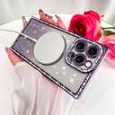 Bonoma Magnetic Glitter for iPhone 16 Pro [Compatible with MagSafe], Luxury Love Heart Pattern Plating Bling Rectangular Case,Camera Protection Sparkly Soft Back Cover for Women Girls-Purple