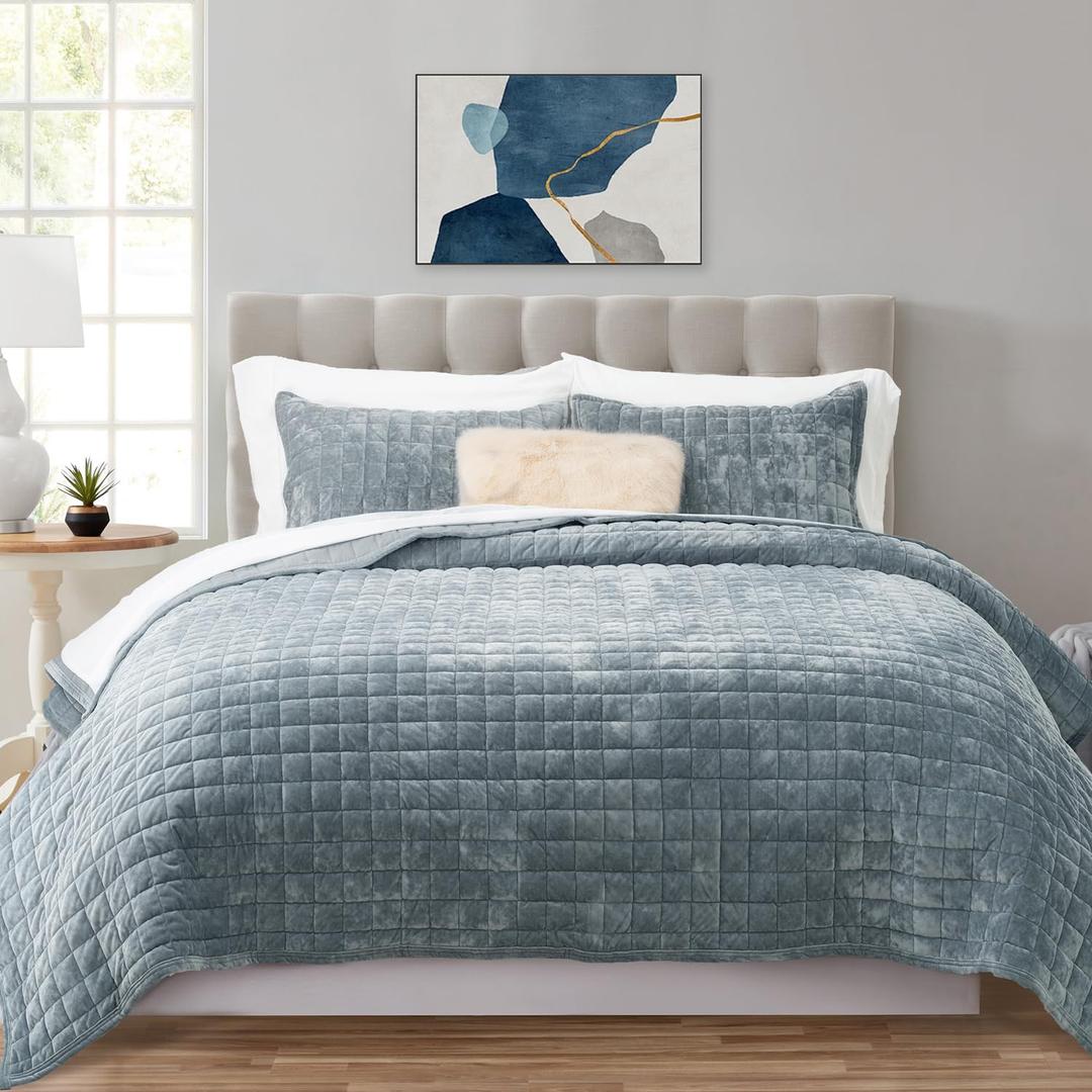 RECYCO Luxury Velvet Quilt Set King Size Bedding Sets, Ultra Soft Velvet Comforter Set, Lightweight Channel Box Stitch Oversized Bedspread Coverlet for All Season, with 2 Shams, Blue Linen, King/Cal King