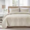FLYMME Beige King Quilt Bedding Set Thin Lightweight Bedspreads,Modern Style Geometric Weave Stripe Pattern,Soft Microfiber Bed Coverlet for All Season (1 Quilt, 2Shams)