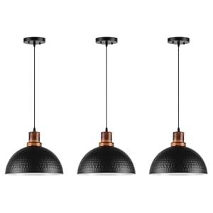 Mgcanyu Solid Wood Pendant Lights 3 Pack, 11.8" Modern Matte Black Dome Hammered Metal Hanging Ceiling Light Fixtures Industrial Lighting for Kitchen Island Dining Living Room Restaurant Farmhouse