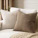MIULEE Decorative Linen Check Euro Shams Throw Pillow Covers Neutral Farmhouse Vintage Pillow Covers 22x22 Set of 2 Boho Modern Winter Home Decor for Sofa Couch Bedroom Cushion Light Brown