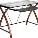 Flash Furniture Jude Tempered Glass Computer Desk with Pull-Out Keyboard Tray and Crisscross Frame, Small Computer Desk for Home Office, Cherry/Clear
