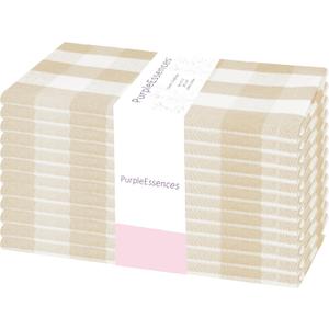 PurpleEssences Buffalo Plaid Cloth Napkins - Mitered Corners - Spring Easter Summer - Gingham Check Dinner Napkin - Set of 12-100% Cotton - 18x18 Inch - Reusable Washable - Beige and White