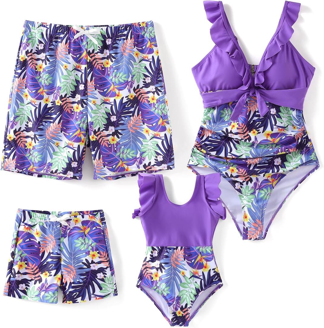 PATPAT Family Matching Swimwear Set: Floral Print Sleeveless Ruffled One Piece Bathing Suits (4-5T, Fuchsia Purple)