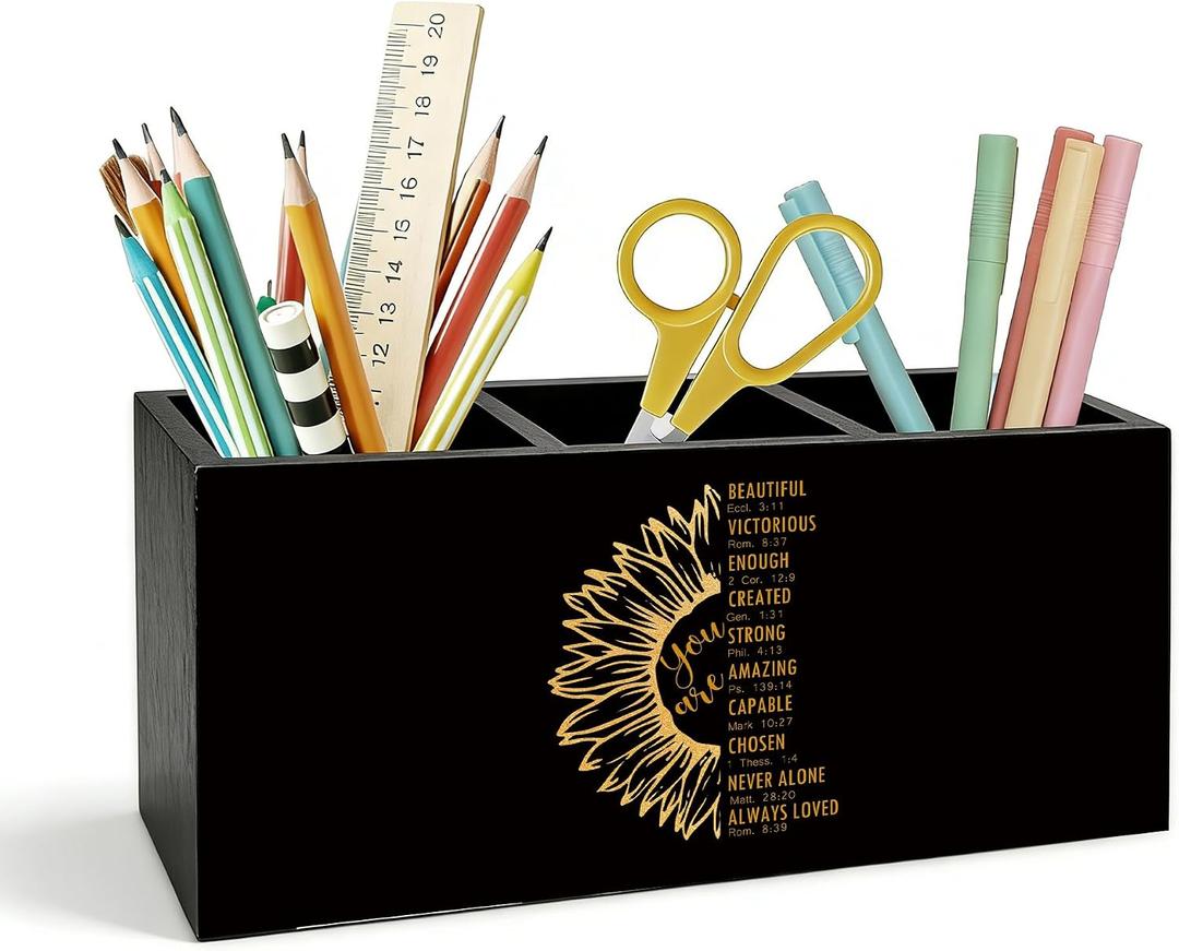 Christian Sunflower Pen Holder for Desk, Christian Gifts for Women, Inspirational Bible Verse Wooden Box Pencil Pen Holder Organizer for Home Office Desk Accessories