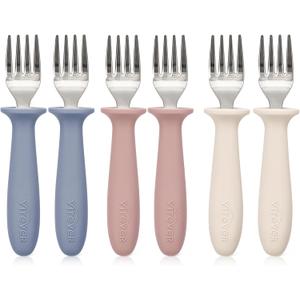 6 Pieces Toddler ForksKids Safe Utensils Set with Silicone Round Handle for Self Feeding18/8 Stainless Steel Baby ForksChildren's Silverware Set BPA Free, Dishwasher Safe (Red/Blue/White)