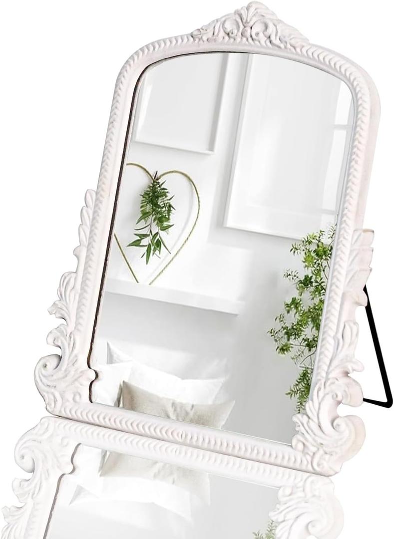 HSDDHOME 11.8" x 9.6" Small White Arched Vanity Mirror, Vintage Makeup Mirror Baroque Style Arendahl Carved Mirror with Frame for Desk Decorative Table Aesthetic for Dresser, Bedroom, Living-Room