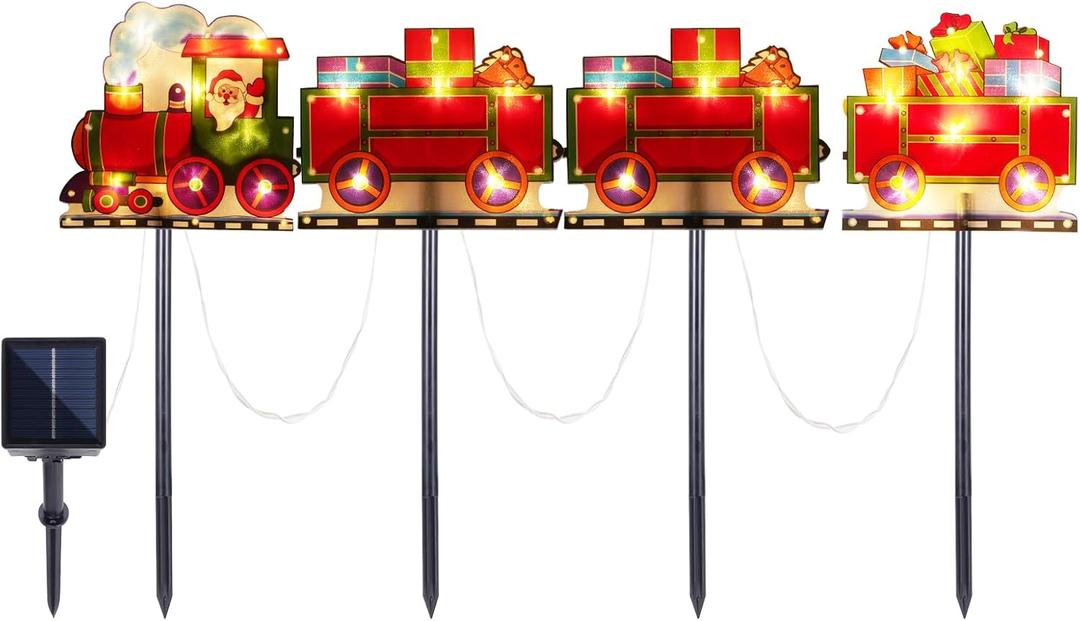 Solar Christmas Decorations with Led Lights, Solar Landscape Pathway Stakes Lights, Outdoor Christmas Decor for Garden, Yard, Porch (Train & Santa)