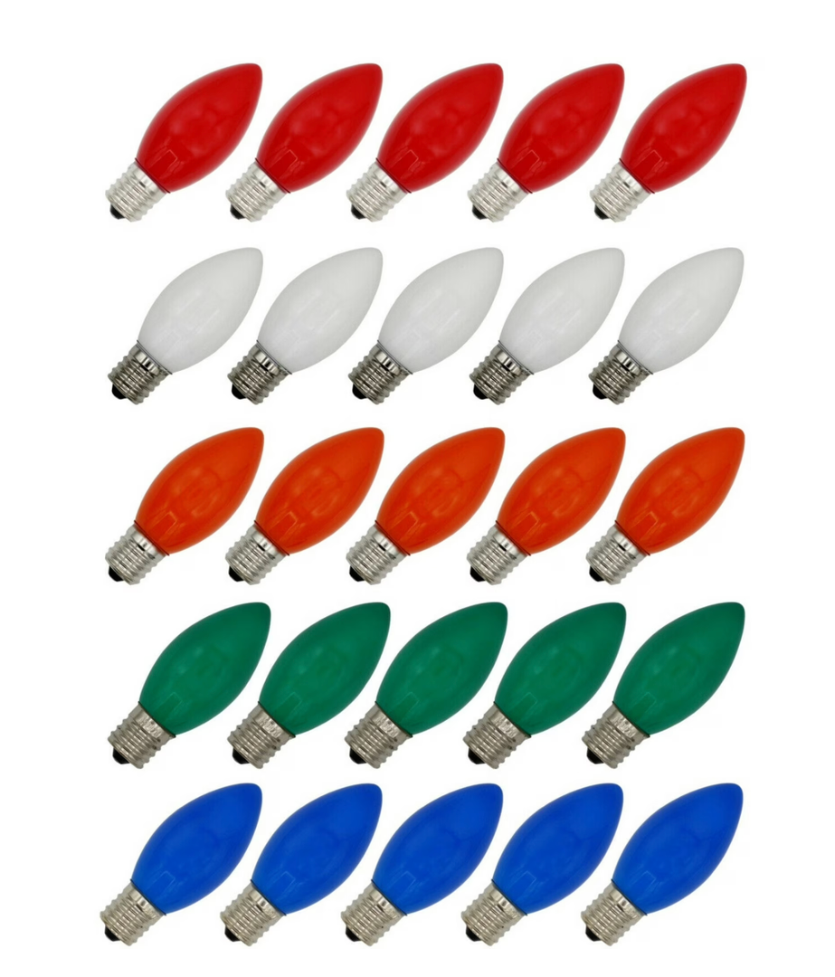 25 Pack C9 Multicolor Christmas Light Bulbs, C9 Multicolor Replacement Bulbs for Outdoor Patio Christmas String Lights, 7W Incandescent Night Light Bulbs, C9/E17 Intermediate Base Bulb,120V 7W bulb