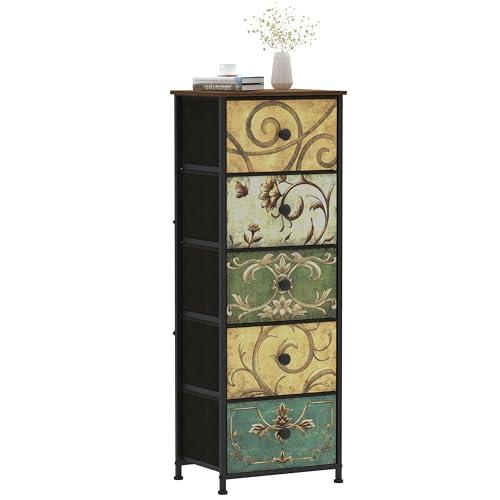 Tohomeor Small Dresser for Bedroom with Retro Flower Narrow Drawers Slim Chest of Drawers Skinny Nightstand Sofa End Table for Living Room Entryway Closet Storage (Multi, 5 Drawers)
