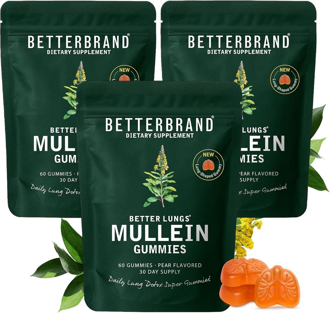 Betterbrand Mullein Chewable Gummies for Lung Cleanse and Detox, Respiratory Health Supplement, 2000mg Mullein Extract per Serving, 50:1 Extract - 90 Day Supply - Pear Flavored, BBD 05/2028