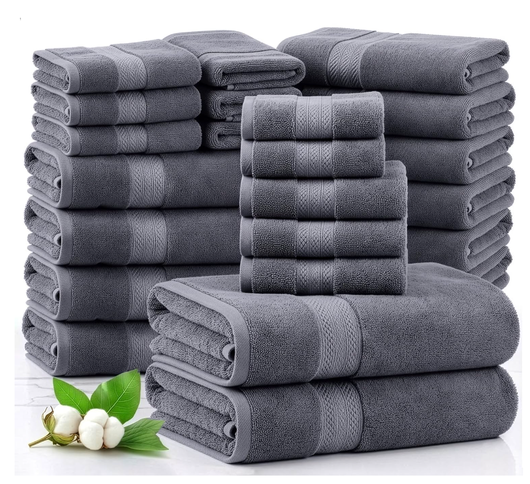 LANE LINEN 100% Cotton Bath Towels Set - 24 PCs - Durable, Quick Dry, Super Soft & Highly Absorbent - 4 Bath, 4 Fingertip, 6 Hand Towels, 8 Washcloths, 2 Bath Sheets - Perfect Family Set - Cool Grey