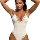 WODECASA Women's V Neck High Cut One Piece Swimsuit Ribbed Criss Cross Tie Back Bathing Suit Monokini (Beige, L)