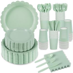 350 Pcs Sage Green Paper Plates and Napkins, Sage Green Party Supplies Include Green Scalloped Plate Paper Napkin Cup Plastic Cutlery for Baby Shower, Wedding, Birthday